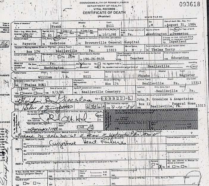 Frank Regester Hill death certificate